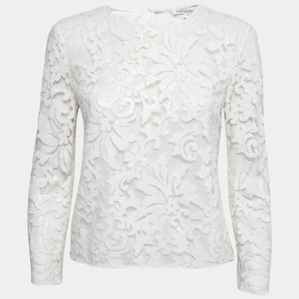 Diane Von Furstenberg White Floral Sequin Embellished Nylon Long Sleeve Top
